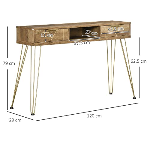 HOMCOM Mesa Consola Mueble Recibidor de Entrada con 2 Cajones Estante Abierto y Patas de Acero para Salón Pasillo Estilo Moderno 120x29x79 cm Bronce