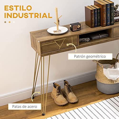 HOMCOM Mesa Consola Mueble Recibidor de Entrada con 2 Cajones Estante Abierto y Patas de Acero para Salón Pasillo Estilo Moderno 120x29x79 cm Bronce