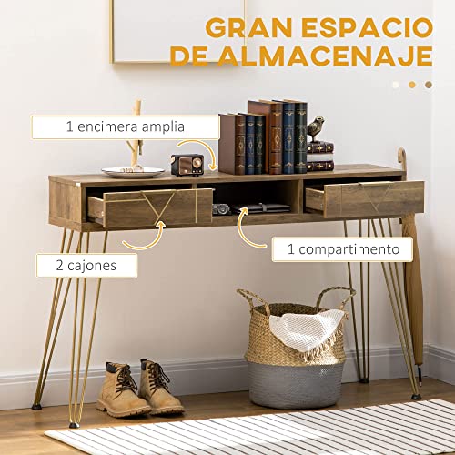 HOMCOM Mesa Consola Mueble Recibidor de Entrada con 2 Cajones Estante Abierto y Patas de Acero para Salón Pasillo Estilo Moderno 120x29x79 cm Bronce