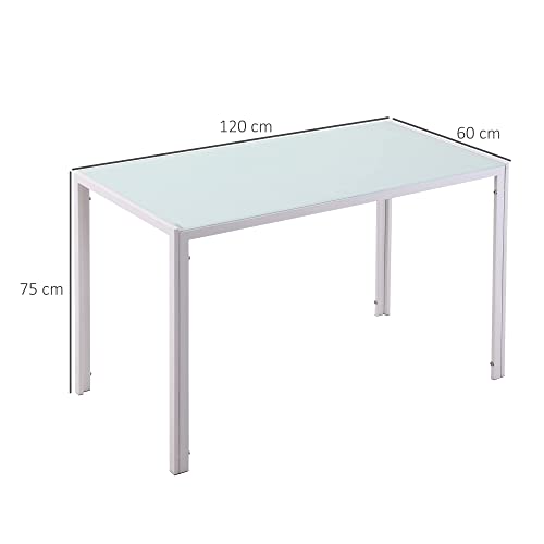 HOMCOM Mesa de Comedor de Cristal Mesa Rectangular para 4-6 Personas con Patas de Metal Multifuncional para Cocina Salón 120x60x75 cm Blanco