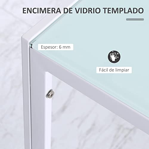 HOMCOM Mesa de Comedor de Cristal Mesa Rectangular para 4-6 Personas con Patas de Metal Multifuncional para Cocina Salón 120x60x75 cm Blanco