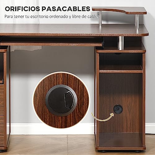 HOMCOM Mesa de Ordenador PC 120 cm Mesa Escritorio de Oficina con Múltiples Estantes 2 Cajones Bandeja de Teclado y Soportes para Monitor CPU 120x55x85 cm Marrón