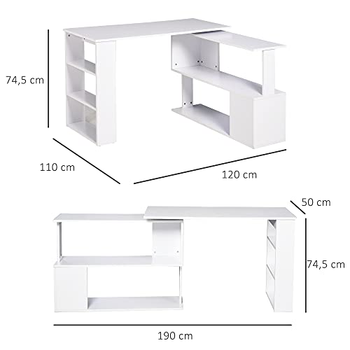 HOMCOM Mesa de Ordenador PC Escritorio de Oficina Mesa Esquinera Giratorio 360° Múltiformas para Hogar Escuela y Oficina 5 Estantes Librería Blanco