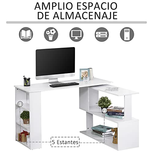 HOMCOM Mesa de Ordenador PC Escritorio de Oficina Mesa Esquinera Giratorio 360° Múltiformas para Hogar Escuela y Oficina 5 Estantes Librería Blanco