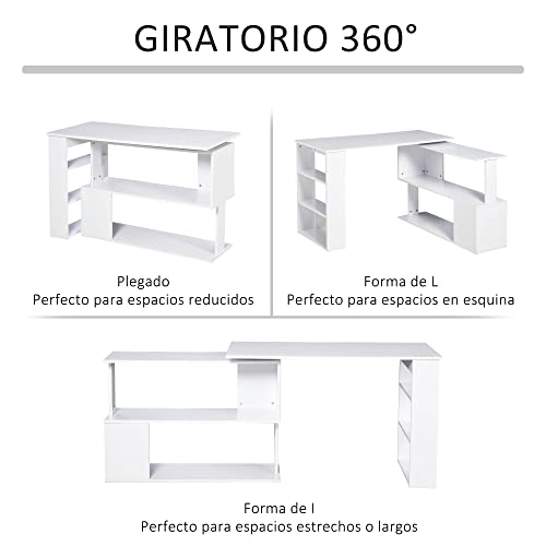 HOMCOM Mesa de Ordenador PC Escritorio de Oficina Mesa Esquinera Giratorio 360° Múltiformas para Hogar Escuela y Oficina 5 Estantes Librería Blanco