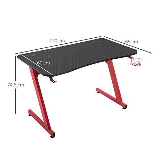 HOMCOM Mesa Gaming 120x65x74,5 cm Escritorio Ergonómico Gaming Desk para Computadora PC con Portavasos Gancho para Auriculares y Pies Ajustables Efecto de Fibra de Carbono Rojo