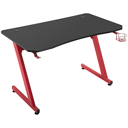 HOMCOM Mesa Gaming 120x65x74,5 cm Escritorio Ergonómico Gaming Desk para Computadora PC con Portavasos Gancho para Auriculares y Pies Ajustables Efecto de Fibra de Carbono Rojo