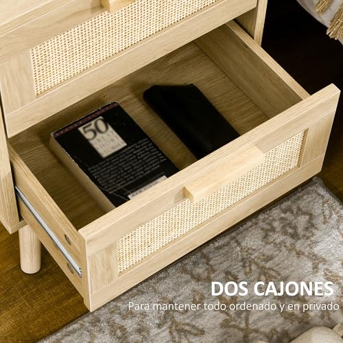 HOMCOM Mesita de Noche de Diseño Boho Mesilla de Noche con 2 Cajones y Patas de Madera para Salón Dormitorio 40x40x56 cm Natural