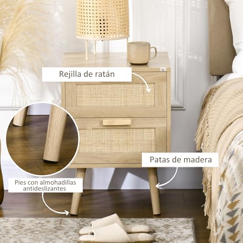 HOMCOM Mesita de Noche de Diseño Boho Mesilla de Noche con 2 Cajones y Patas de Madera para Salón Dormitorio 40x40x56 cm Natural