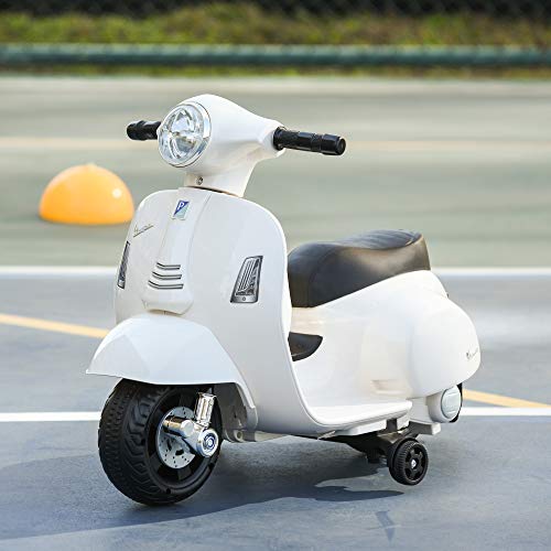 HOMCOM Moto Eléctrica Vespa para Niños de 18-36 Meses con Faro Bocina y 4 Ruedas Motocicleta Infantil con Licencia 66,5x38x52 cm Blanco