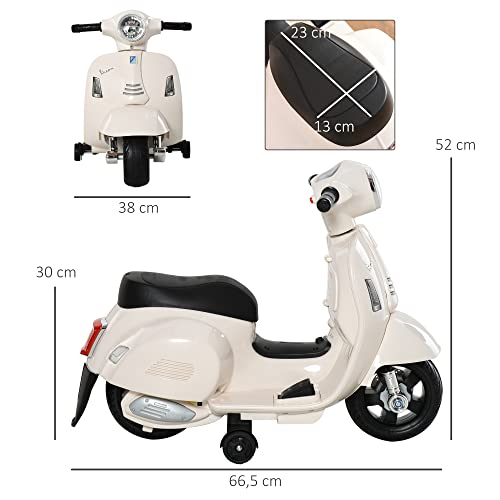 HOMCOM Moto Eléctrica Vespa para Niños de 18-36 Meses con Faro Bocina y 4 Ruedas Motocicleta Infantil con Licencia 66,5x38x52 cm Blanco