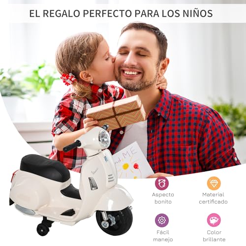 HOMCOM Moto Eléctrica Vespa para Niños de 18-36 Meses con Faro Bocina y 4 Ruedas Motocicleta Infantil con Licencia 66,5x38x52 cm Blanco