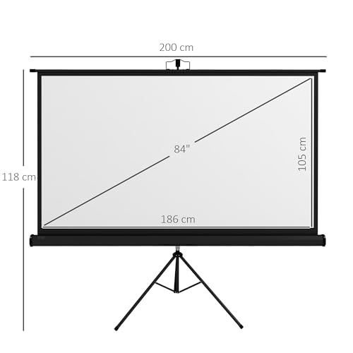 HOMCOM Pantalla de Proyector Manual con Soporte 84 Pulgadas Pantalla de Proyección Portátil Formato 16:9 con Altura Ajustable para Interior y Exterior Cine en Casa Patio 186x105 cm Negro