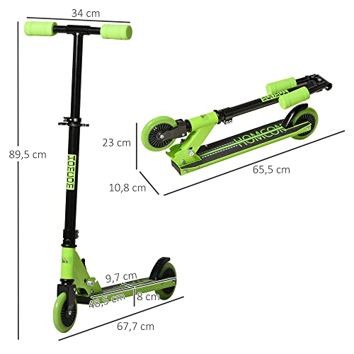 HOMCOM Patinete para Niños de +3 Años Plegable 67,7x34x79,5-89,5 cm Scooter de 2 Ruedas con Manillar Altura Ajustable Freno Posterior y Pedal Antideslizante Carga 50 kg Verde