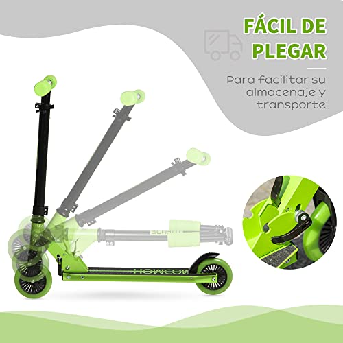 HOMCOM Patinete para Niños de +3 Años Plegable 67,7x34x79,5-89,5 cm Scooter de 2 Ruedas con Manillar Altura Ajustable Freno Posterior y Pedal Antideslizante Carga 50 kg Verde