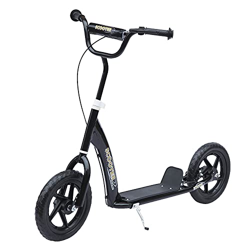 HOMCOM Patinete para Niños de 5-12 Años Scooter de 2 Ruedas Grandes de 12 Pulgadas con Freno y Manillar Ajustable en Altura Carga Máx. 50 kg 120x52x80-88 cm Negro