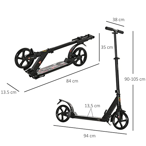 HOMCOM Patinete Plegable Scooter con Manillar Altura Ajustable Patinete Ligero para Adultos y Niños (más de 14 años) Tipo Monopatín con Freno Grandes Ruedas Ø200 mm Aluminio Carga 100kg