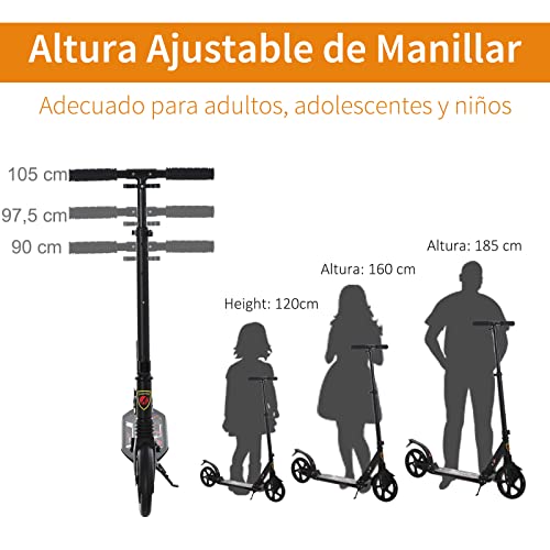 HOMCOM Patinete Plegable Scooter con Manillar Altura Ajustable Patinete Ligero para Adultos y Niños (más de 14 años) Tipo Monopatín con Freno Grandes Ruedas Ø200 mm Aluminio Carga 100kg