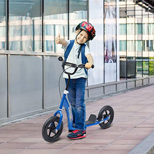 HOMCOM Patinete Scooter 2 Ruedas 12 Pulgadas Monopatín para Niños y Adultos Manillar Ajustable con Freno y Caballete Carga 50 kg 120x52x80-88cm Acero