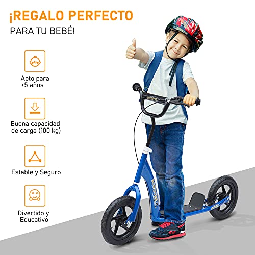 HOMCOM Patinete Scooter 2 Ruedas 12 Pulgadas Monopatín para Niños y Adultos Manillar Ajustable con Freno y Caballete Carga 50 kg 120x52x80-88cm Acero