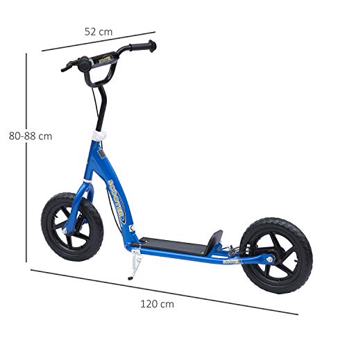 HOMCOM Patinete Scooter 2 Ruedas 12 Pulgadas Monopatín para Niños y Adultos Manillar Ajustable con Freno y Caballete Carga 50 kg 120x52x80-88cm Acero