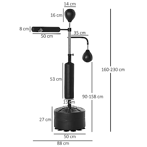 HOMCOM Saco de Boxeo de Pie Ajustable en Altura con 2 Bolas de Velocidad Barra y Base Rellenable Agua o Arena Punching Ball para Adultos 88x50x160-230 cm Negro