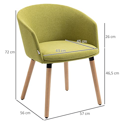 HOMCOM Silla de Comedor Butaca de Salón Tapizada en Lino Sintético con Reposabrazos y Patas de Madera para Oficina Dormitorio Carga 120 kg 57x56x72 cm Verde