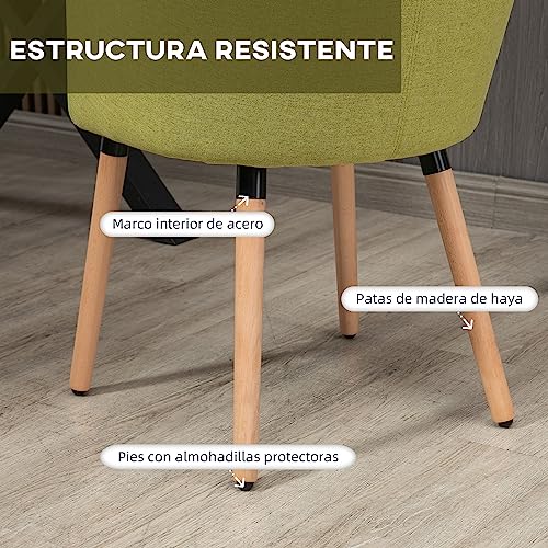 HOMCOM Silla de Comedor Butaca de Salón Tapizada en Lino Sintético con Reposabrazos y Patas de Madera para Oficina Dormitorio Carga 120 kg 57x56x72 cm Verde