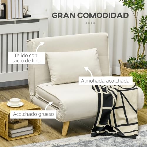 HOMCOM Sofá Cama Individual 2 en 1 Sillón Cama Plegable Sillón Individual con Respaldo Ajustable y Cojín para Sala Dormitorio Oficina en Casa Carga 125 kg 90x78x79 cm Beige