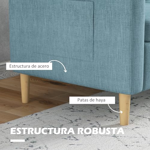 HOMCOM Sofá de 2 Plazas Sillón Moderno Tapizado en Poliéster con 2 Bolsillos Laterales Reposabrazos y Patas de Madera para Dormitorio Oficina Carga 200 kg 143x76x83 cm Azul Claro