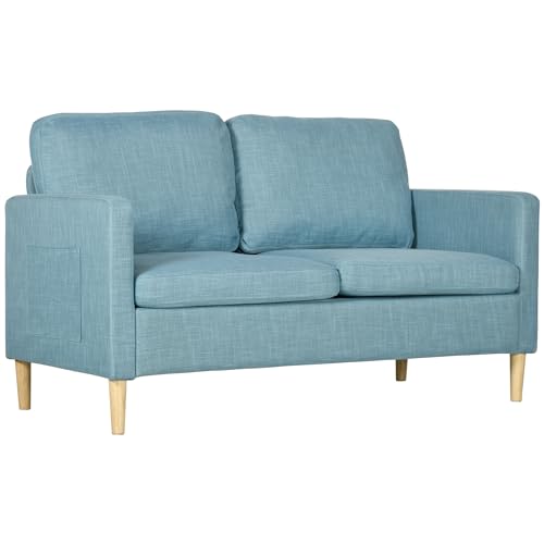 HOMCOM Sofá de 2 Plazas Sillón Moderno Tapizado en Poliéster con 2 Bolsillos Laterales Reposabrazos y Patas de Madera para Dormitorio Oficina Carga 200 kg 143x76x83 cm Azul Claro