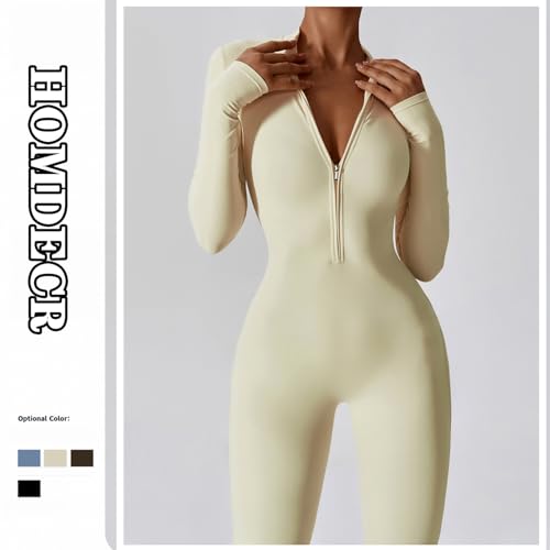 HOMDECR Monos De Yoga Para Mujer Bodycon De Manga Larga De Una Pieza Mono Deportivo Sexy Ropa Deportiva Con Cremallera Conjunto De Gimnasio Mujer Chándal (Beige,S)