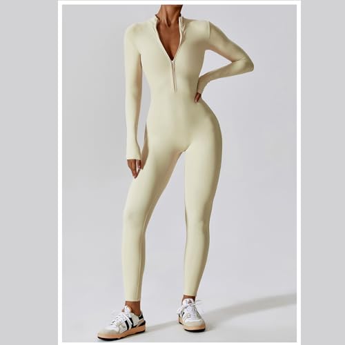 HOMDECR Monos De Yoga Para Mujer Bodycon De Manga Larga De Una Pieza Mono Deportivo Sexy Ropa Deportiva Con Cremallera Conjunto De Gimnasio Mujer Chándal (Beige,S)