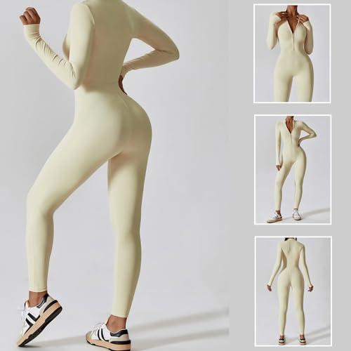 HOMDECR Monos De Yoga Para Mujer Bodycon De Manga Larga De Una Pieza Mono Deportivo Sexy Ropa Deportiva Con Cremallera Conjunto De Gimnasio Mujer Chándal (Beige,S)