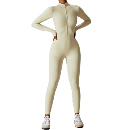 HOMDECR Monos De Yoga Para Mujer Bodycon De Manga Larga De Una Pieza Mono Deportivo Sexy Ropa Deportiva Con Cremallera Conjunto De Gimnasio Mujer Chándal (Beige,S)