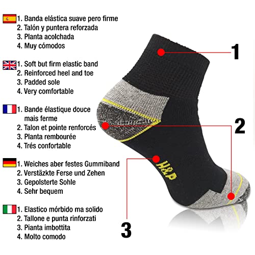 Home & Pets Calcetines de Trabajo hombre cortos Reforzados de algodón peinado. Talón y Punta para Botas Seguridad (43-46) Pack 6