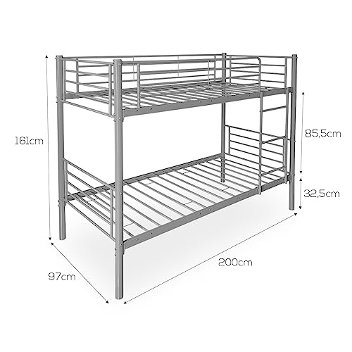 Homey Litera Reforzada Completa con Barandilla y Escalera Metálica, Modelo Anna, Estructura Tubular, Práctica y Funcional, Acero aleado, Gris, 90x190