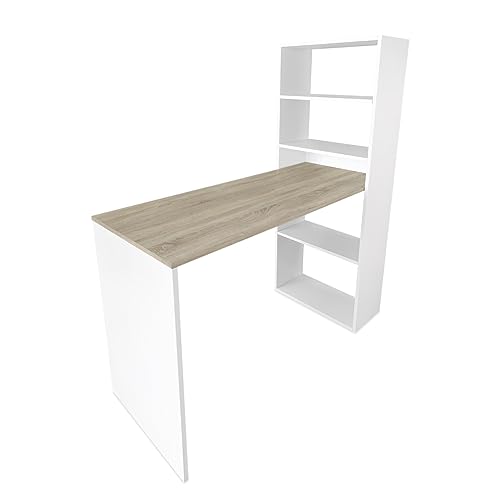 Homey Mesa de Escritorio con Estantería, Mesas para Ordenador, Práctica y Funcional, Madera, Color Blanco-Cambria, 122 x 53,2 x 140 cm