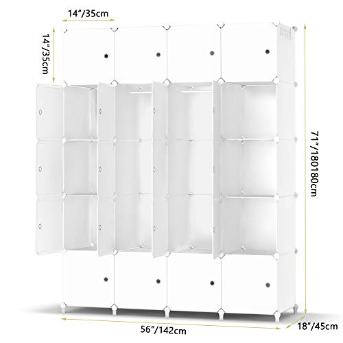 HOMIDEC Armario Modular con Puertas, Armario de Ropa de 20 Compartimentos para Dormitorio, Guardarropa portátil con 3 Barras para Colgar, Blanco