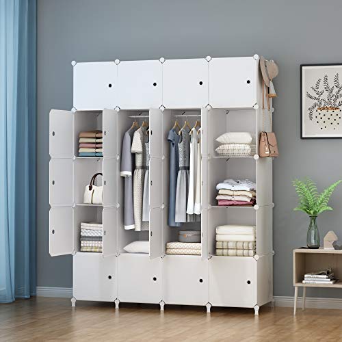 HOMIDEC Armario Modular con Puertas, Armario de Ropa de 20 Compartimentos para Dormitorio, Guardarropa portátil con 3 Barras para Colgar, Blanco