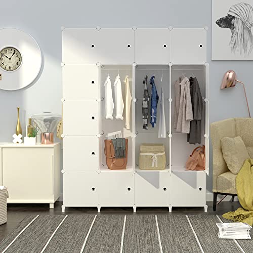 HOMIDEC Armario Modular con Puertas, Armario de Ropa de 20 Compartimentos para Dormitorio, Guardarropa portátil con 3 Barras para Colgar, Blanco