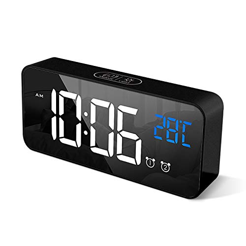 HOMVILLA Reloj Despertador Digital con Pantalla LED de Temperatura, Alarma de Espejo Portátil con Alarma Doble Tiempo de Repetición 4 Niveles de Brillo Regulable 10 Música Despertadores Digitales