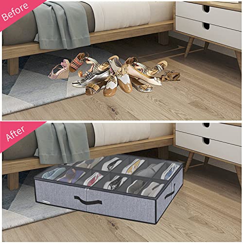 homyfort Juego de 2 bolsas de almacenamiento para zapatos con ventana transparente, organizador de zapatos con 2 compartimentos, caja de almacenamiento para debajo de la cama, lino gris, XDUBSB2P