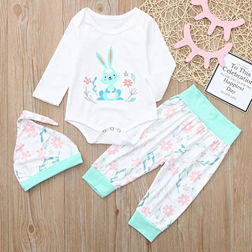 Honestyi - Juego de 3 piezas para bebés (3 unidades, diseño de conejo, manga larga, con flores, elástico, redondo, sombrero de combinación lindo, ropa casual, para niños, 3 – 24 meses), blanco,