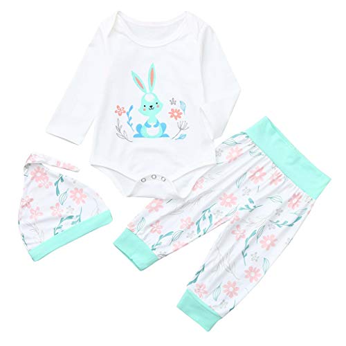 Honestyi - Juego de 3 piezas para bebés (3 unidades, diseño de conejo, manga larga, con flores, elástico, redondo, sombrero de combinación lindo, ropa casual, para niños, 3 – 24 meses), blanco,