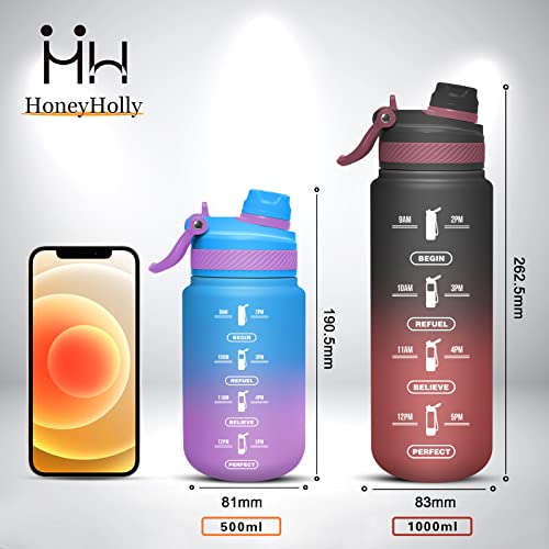 HoneyHolly Botella Agua 1 Litro, Botella de Agua Deportiva, Sin BPA, Botella Agua Motivacional con Paja, 2 opciones de bebida, Aplicar Gimnasio, Colegio, Trekking, Bicicleta, Running