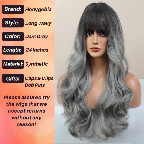 Honygebia Peluca gris con flequillo - pelucas largas degradadas gris para mujer, gris oscuro para mujer, pelo natural realista, pelucas sintéticas resistentes al calor para carnaval, disfraces,