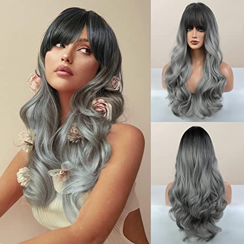 Honygebia Peluca gris con flequillo - pelucas largas degradadas gris para mujer, gris oscuro para mujer, pelo natural realista, pelucas sintéticas resistentes al calor para carnaval, disfraces,