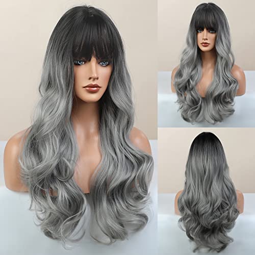 Honygebia Peluca gris con flequillo - pelucas largas degradadas gris para mujer, gris oscuro para mujer, pelo natural realista, pelucas sintéticas resistentes al calor para carnaval, disfraces,