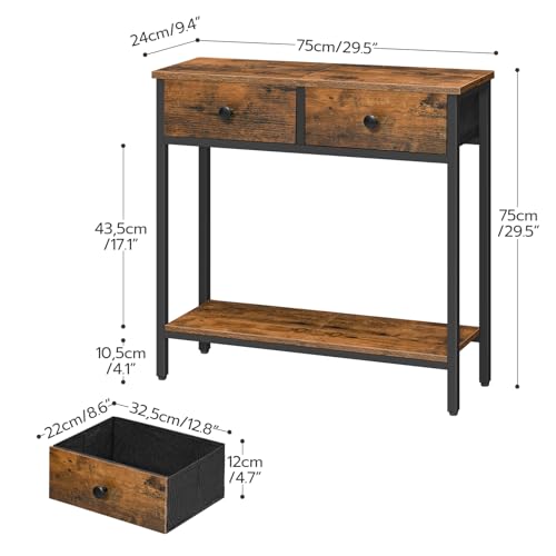 HOOBRO Mesa Consola, 75 cm Mesa de Pasillo con 2 Cajones de Tela, Aparador de Entrada, Mesa de Sofá, Entrada, Salón, Pasillo, Estilo Industrial, Marrón Vintage y Negro EBF71XG01